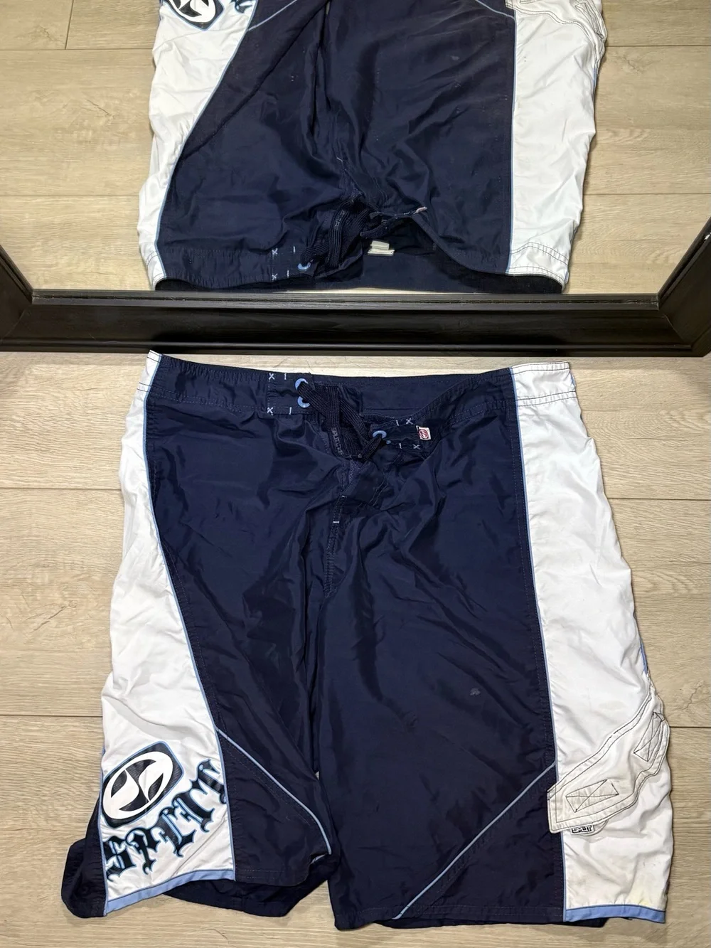 Vintage 1990s Split Embroidered Old English Board Swim Shorts